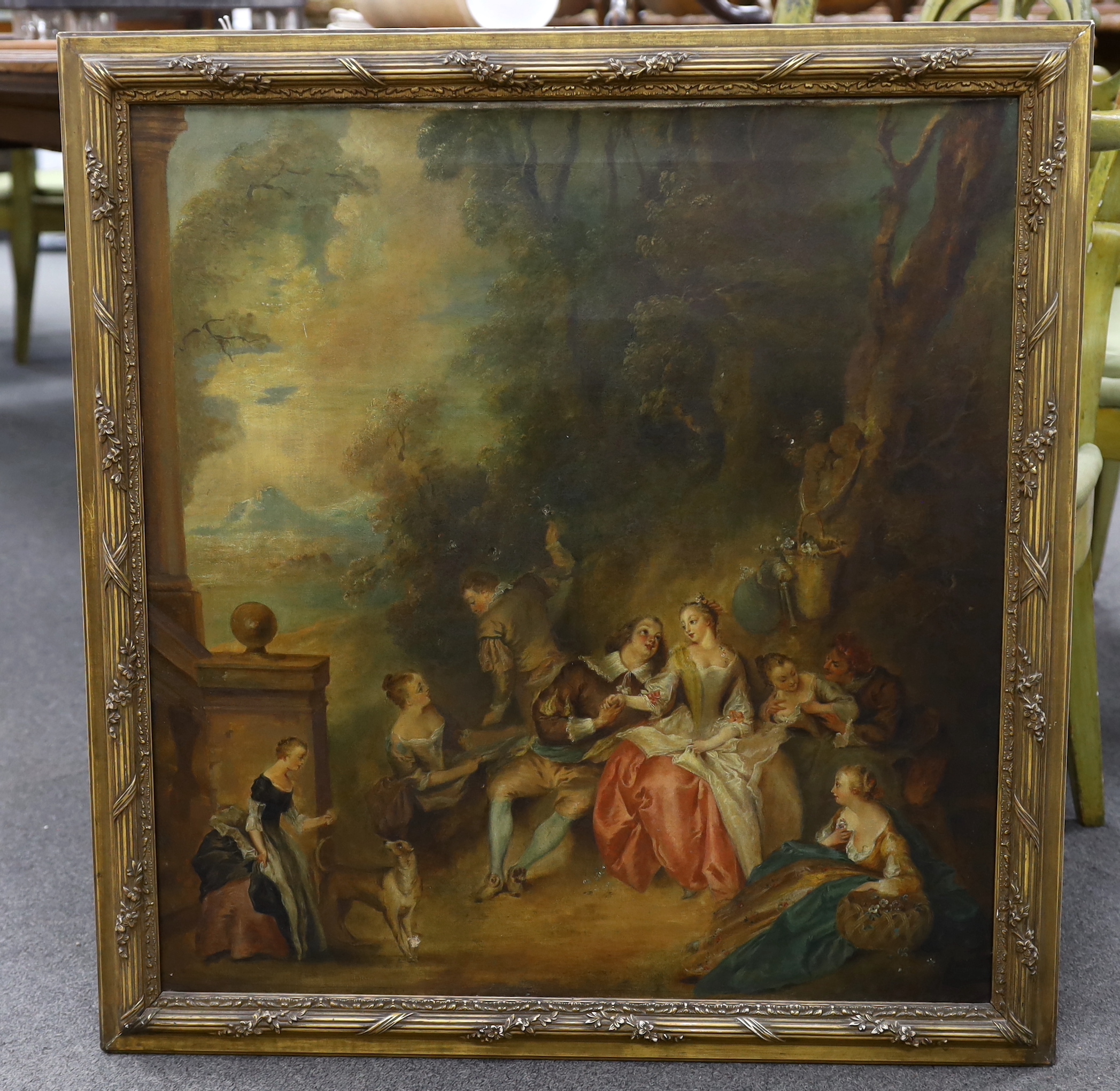 After Jean-Honoré Fragonard (1732-1806), oil on canvas, Figures in a woodland, 65 x 62cm